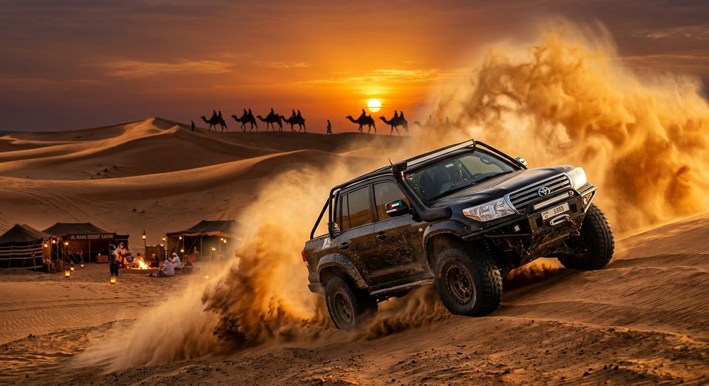 Dune bashing and camel silhouettes at a Dubai desert camp